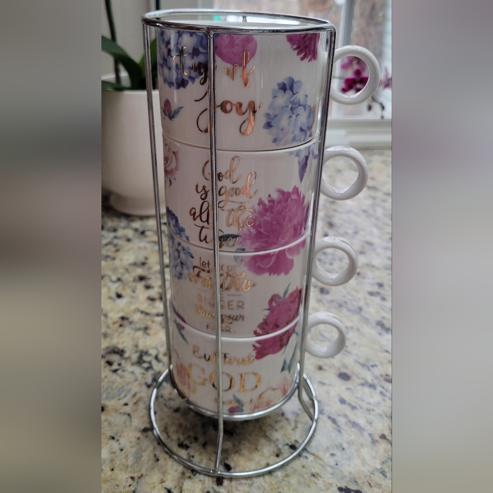 Floral Stackable Mug Set with Stand